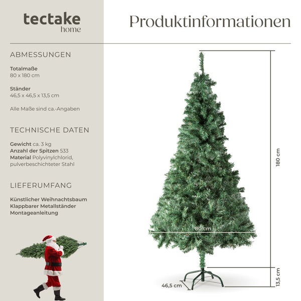Tectake Home künstlicher Weihnachtsbaum mit 180 Zentimetern Höhe und 533 Zweigspitzen aus Polyvinylchlorid mit klappbarem Metallständer.