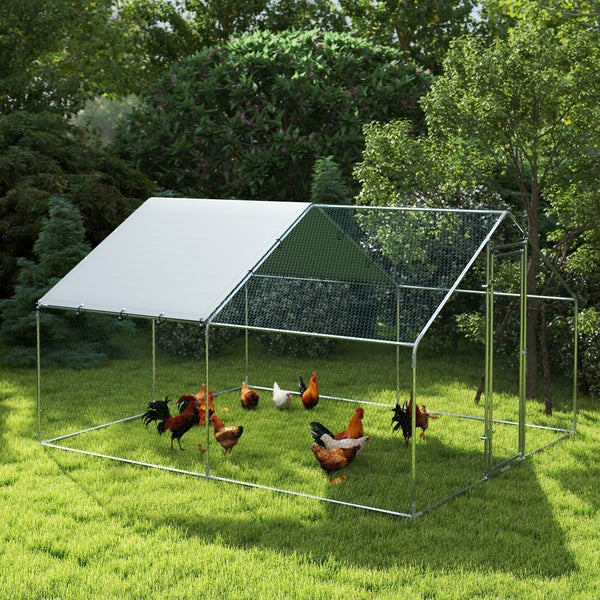 Begehbares Hühnergehege aus Metall mit Sonnenschutzdach und Maschendraht auf grünem Rasen im Garten mit Hühnern.