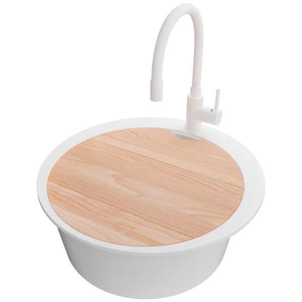 Rundes Waschbecken mit Holzeinsatz und Armatur