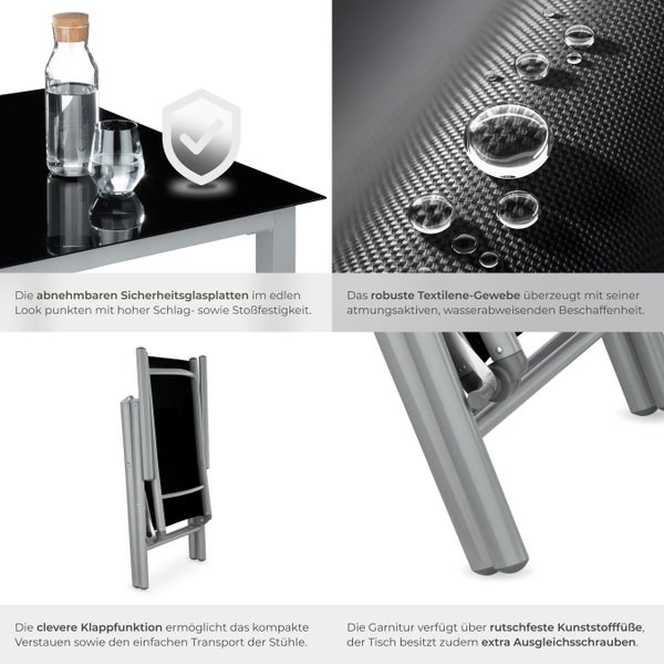 Sitzgruppe tectake Ercolano Tisch mit Sicherheitsglasplatten und Ausgleichsschrauben mit Aluminiumgestell, für 6 Personen silber