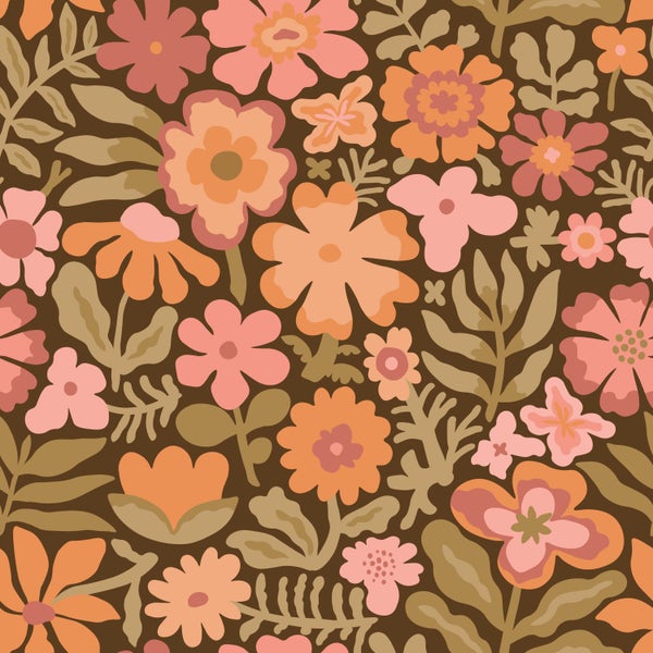 Tapete mit floralem Muster im Retro-Stil der 1970er Jahre, bestehend aus verschiedenen Blüten und Blättern in einem nahtlosen Design.