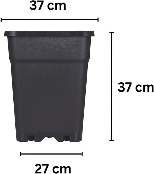 Quadratischer Pflanztopf aus Kunststoff mit den Maßen 37 Zentimeter oben, 27 Zentimeter unten und 37 Zentimeter Höhe.
