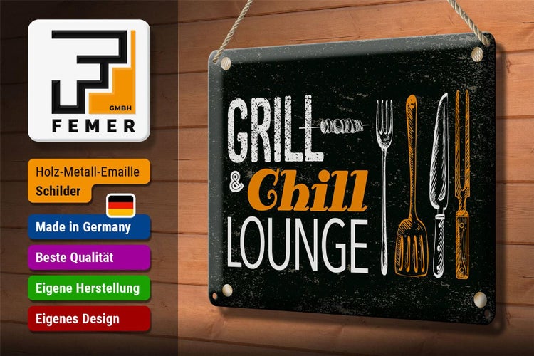 Blechschild Spruch Grill & Chill Lounge Grillen 30x20cm