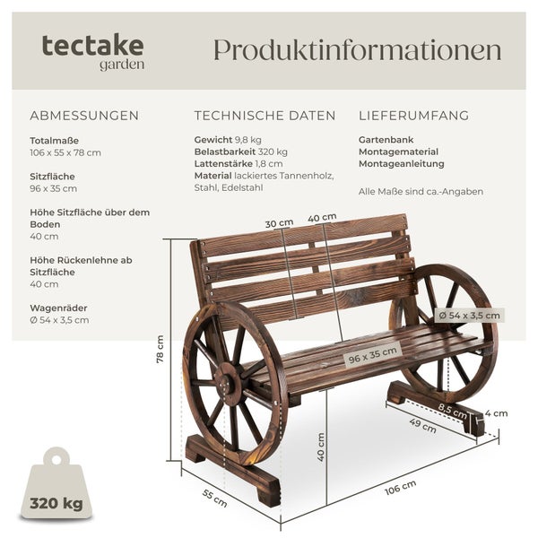 Tectake Garden Logo auf einer Infografik für eine Gartenbank aus Holz mit Wagenrädern, inklusive Maßen und einer Belastbarkeit von 320 Kilogramm.