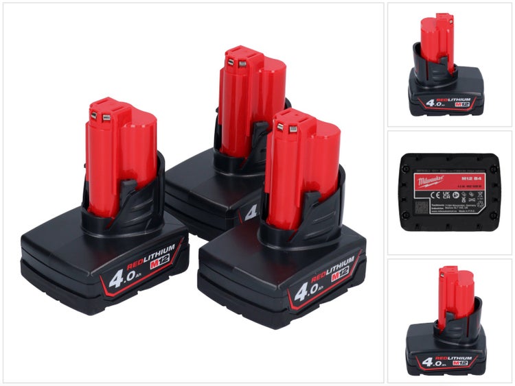 Set aus drei Milwaukee M12 4.0 Amperestunden Lithium Ionen Akkus fuer Elektrowerkzeuge