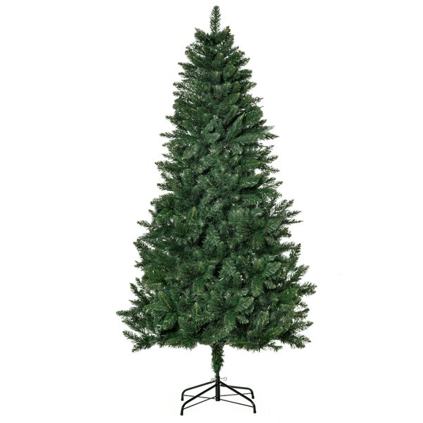 Grüner künstlicher Weihnachtsbaum mit schwarzem Metallständer.