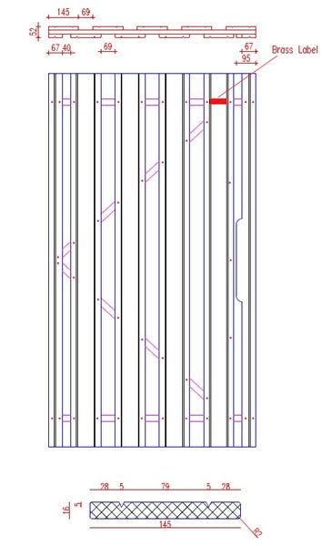 Technische Zeichnung eines Paneels mit detaillierten Maßangaben in Millimetern.