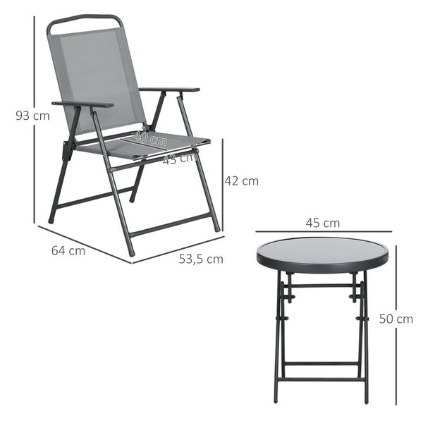 Outsunny Sitzgruppe 3tlg., Klappbares Balkonmöbel-Set inkl. 1 Tisch, 2 Stühlen, 50L x 50B x 72H cm, Mesh, Hellgrau