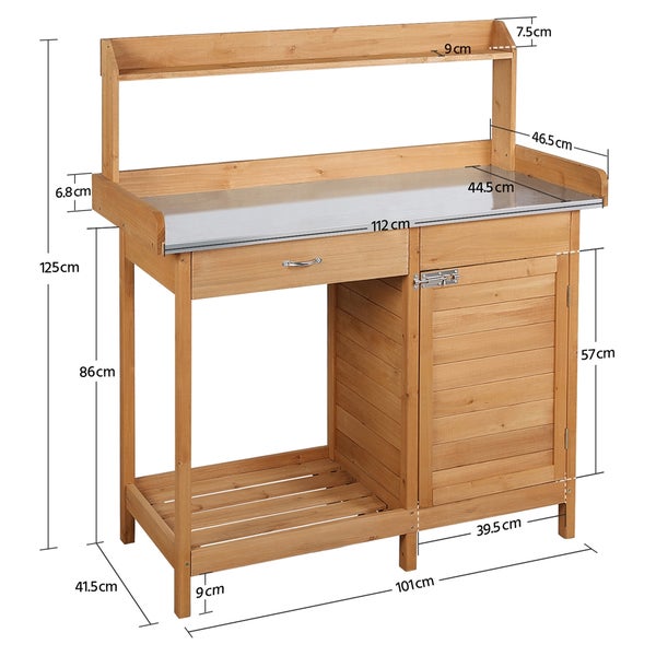 Gartentisch aus Holz mit Schublade, Edelstahlarbeitsplatte und den Abmessungen