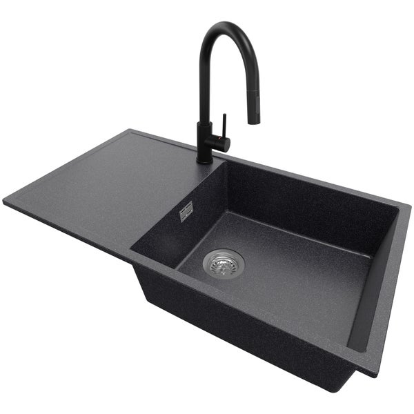 PRIMAGRAN Granitspüle Anthrazit 90x50cm, Spülbecken 1 Becken + Küchenarmatur 40x20cm + Ablauf-Set, Küchenspüle ab 60er Unterschrank - Ibiza