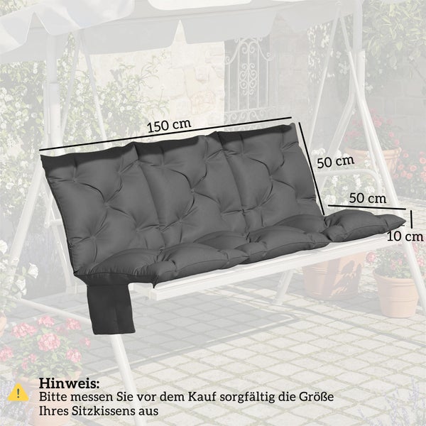Dunkelgraue Auflage für Hollywoodschaukel: Breite 150 Zentimeter, Höhe 50 Zentimeter, Tiefe 50 Zentimeter, Dicke 10 Zentimeter.