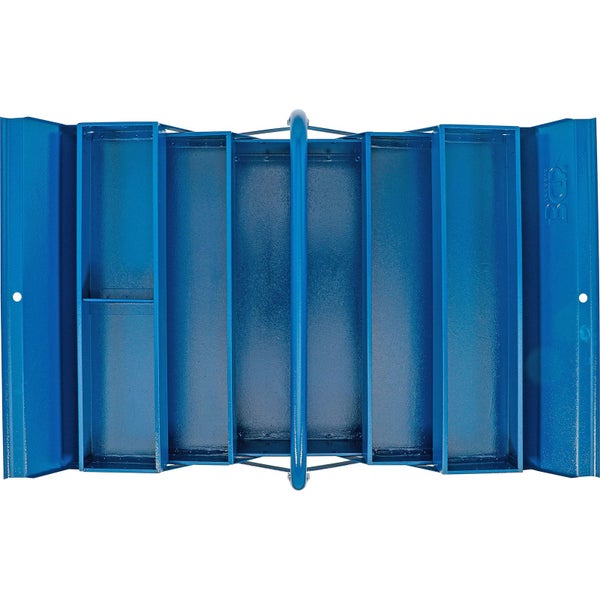 Geöffneter blauer Werkzeugkasten aus Metall mit fünf Fächern und Tragegriff in der Draufsicht.