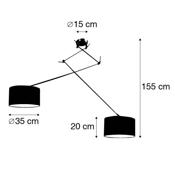 Skizze einer Lampe mit den Massangaben 155 cm Höhe, 15 cm Durchmesser Deckenbefestigung, 35 cm Durchmesser Lampenschirm und 20 cm Höhe Lampenschirm