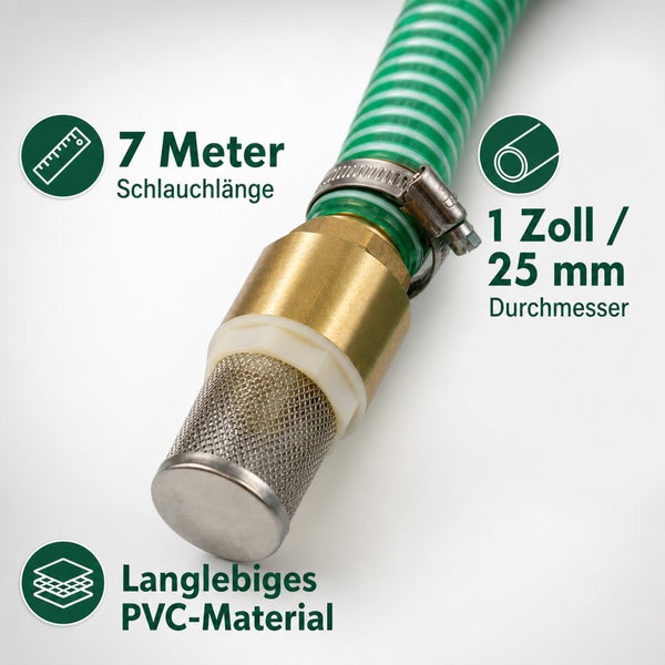 Saugschlauch mit 7 Meter Laenge und 1 Zoll beziehungsweise 25 Millimeter Durchmesser aus langlebigem PVC mit Metallanschluss und Filterkorb.