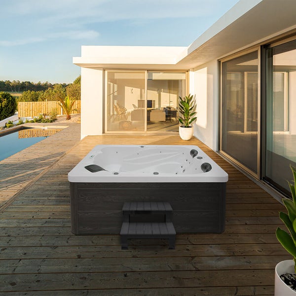 Home Deluxe - Outdoor Whirlpool - SUNSET Plus Treppe und Thermoabdeckung - Maße: 220 x 156 x 82 cm - Inkl. 32 Massagedüsen und 13 Lichtquellen I Außen Whirlpool Spa