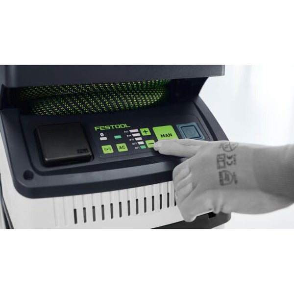 Festool Absaugmobil Bedienelemente und Schlauchfach im Detail