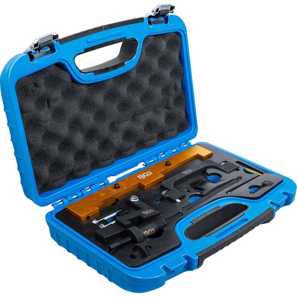 BGS Motor-Einstellwerkzeugsatz im geöffneten blauen Werkzeugkoffer mit schwarzem Schaumstoff