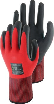 Ein Paar Lebrwächter Arbeitshandschuhe mit flexibler Beschichtung und elastischem Strickbund für sicheren Halt bei handwerklichen Arbeiten.