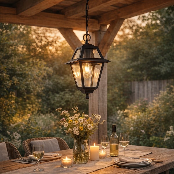 Rustikale Außenpendelleuchte im Laternen-Design über einem gedeckten Gartentisch auf einer Holzterrasse bei Abenddämmerung.