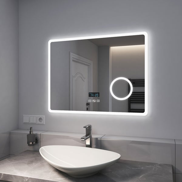 EMKE Badspiegel mit Beleuchtung, LED-Spiegel mit Touchschalter, Anti-Beschlag, Bluetooth, 3-fache Vergrößerung, 80 x 60 cm, Kaltweiß/Warmweiß/Neutralweiß