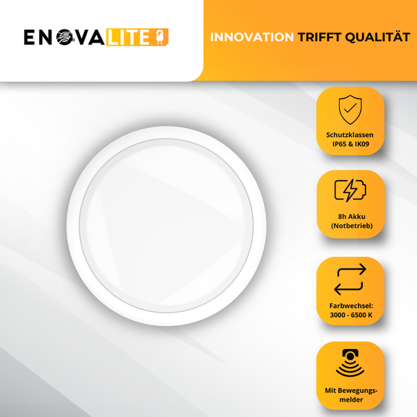Enovalite Logo. Schutzklassen IP65 und IK09. Acht Stunden Akku Notbetrieb. Farbwechsel zwischen 3000 und 6500 Kelvin. Mit Bewegungsmelder.