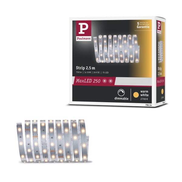 Paulmann MaxLED 250 LED Streifen, 2,5 Meter, 24 Volt, 10 Watt, 750 Lumen, 2700 Kelvin warmweiß, dimmbar, mit Verpackung