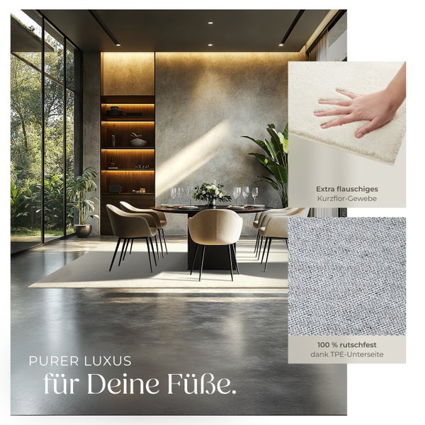 Heller Teppich unter Esstisch mit Stühlen in modernem Esszimmer.