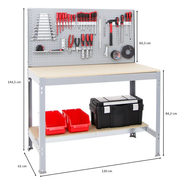 PROREGAL Werkbank Quick Buffalo mit Werkzeugwand mit Zubehör Gamma HxBxT 84 x 120 x 61 cm Traglast 600 kg Grau