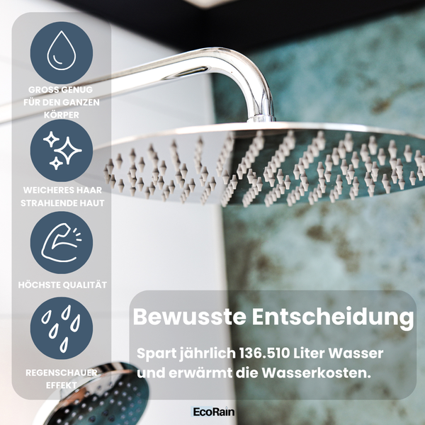 EcoRain 30% Wassersparender Regenduschkopf Tyler 30 CM Quadrat mit Wand-Duscharm und Schlauchanschluss - Hoher Wasserdruck - Universeller Anschluss - Anti-Kalk Duschkopf - Chrom