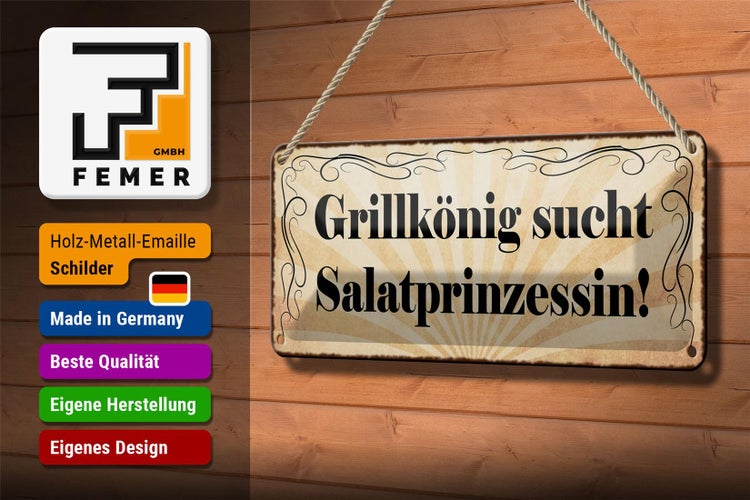 Blechschild Spruch 27x10cm Grillkönig sucht Salatprinzessin Dekoration