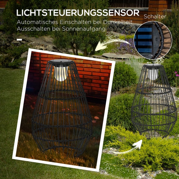 Outsunny Solarleuchte, Rattan Solarlampe, Wasserdichte Wegleuchte mit Lichtsensor, Automatische LED Gartenlampe mit Trommel-Design, für Balkon, Terrasse, Hof, Stahl, Schwarz