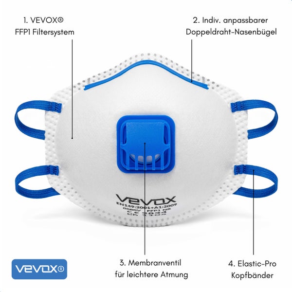 VEVOX® FFP1 Maske mit Ventil – im 10er Set – Staubmaske – Atemschutzmaske – Staubschutzmaske – Feinstaubmaske – Atemschutz z.B. gegen Feinstaub, Schleifstaub oder Baustaub