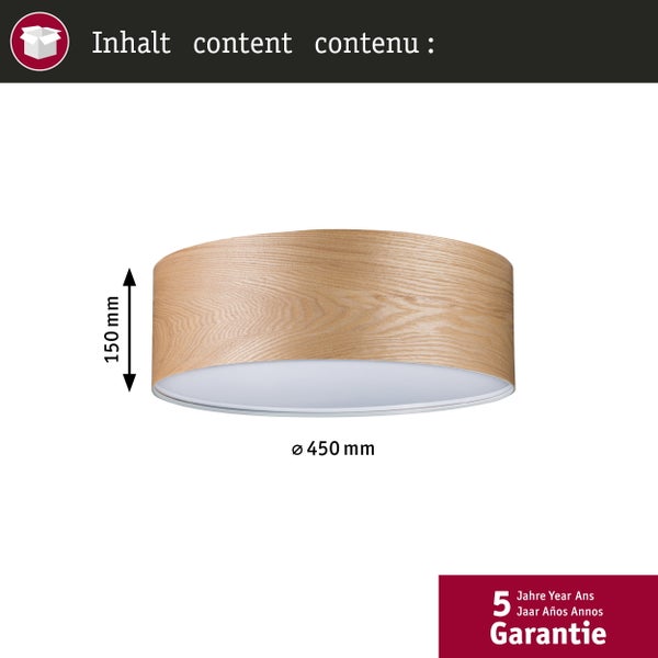 Runde Deckenleuchte in Holzoptik mit einem Durchmesser von 450 Millimetern und einer Höhe von 150 Millimetern. 5 Jahre Garantie.