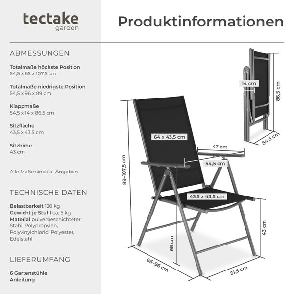 Set aus sechs verstellbaren Klappstühlen für den Garten mit Metallgestell und Textilbespannung.