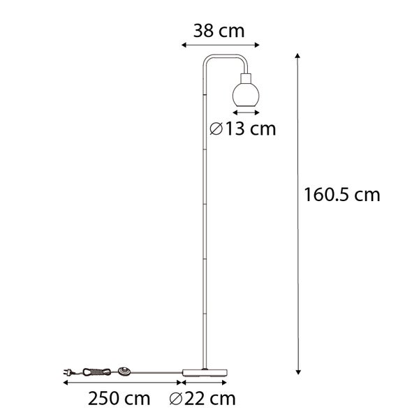 Maße der Stehlampe: Höhe 160,5 cm, Lampenschirmdurchmesser 13 cm, Ausladung 38 cm, Fußdurchmesser 22 cm, Kabellänge 250 cm