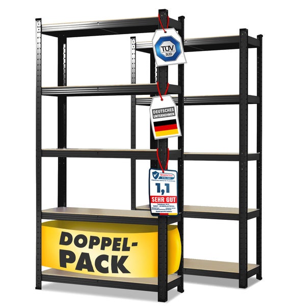 FLOORDIREKT Schwerlastregal Lakota - 2er Set - Universal einsetzbar -  Schwarz - 200 x 100 x 50 cm - Traglast bis 875 kg