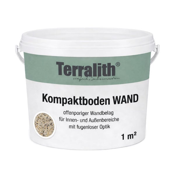 Terralith Kompaktboden Wand mit Terralith Logo, offenporiger Wandbelag für Innenbereiche und Außenbereiche, ein Quadratmeter.