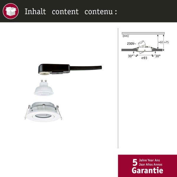 Einbaustrahler Set mit LED Leuchtmittel, Anschlussbox, technischer Skizze der Einbaumaße in Millimeter und Siegel für 5 Jahre Garantie.