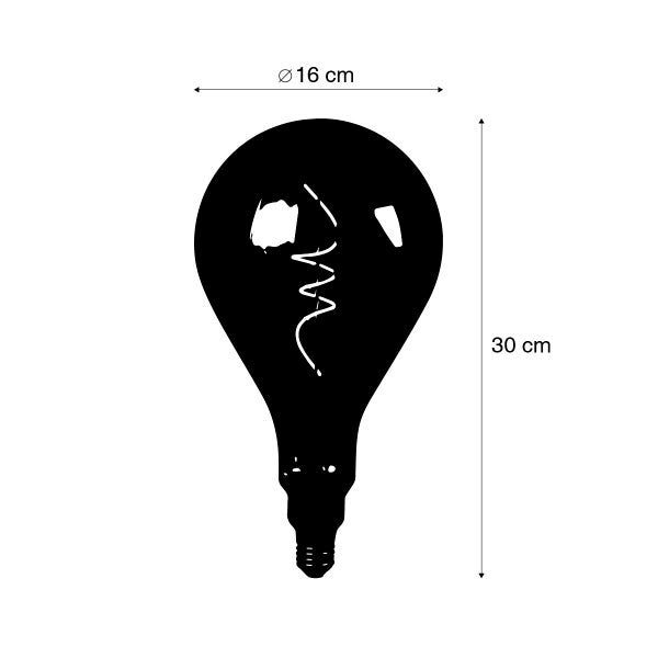 LED-Leuchtmittel in Tropfenform mit sichtbarem Filament, Durchmesser 16 Zentimeter, Höhe 30 Zentimeter.