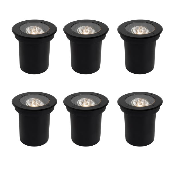 6er-Set schwarze Bodenstrahler für den Außenbereich, zylindrisch, mit Glasabdeckung und Reflektor.