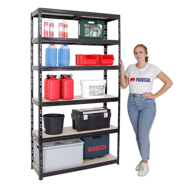 PROREGAL Schwerlastregal Giant Tiger XL HxBxT 220 x 120 x 40 cm Fachlast 265 kg 6-Ebenen Schwarz