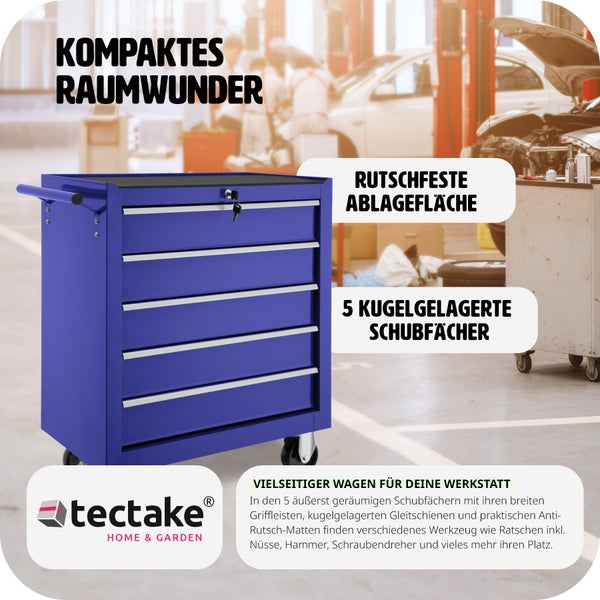 Werkzeugwagen tectake  Rollen Ø 100 mm 5 kugelgelagerte Schubladen mit Antirutschmatten blau