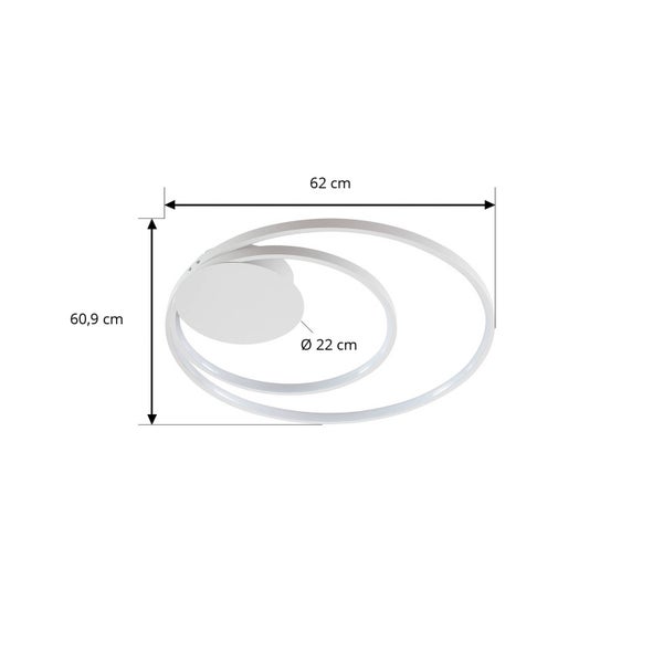 Weiße LED-Deckenleuchte in Spiralform mit Maßen: Breite 62 Zentimeter, Tiefe 60,9 Zentimeter, Baldachindurchmesser 22 Zentimeter.