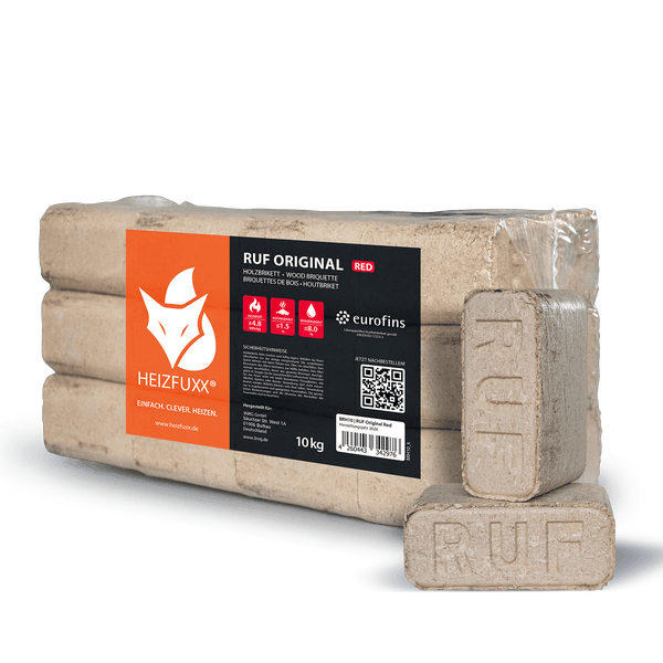 Heizfuxx Holzbriketts RUF Original, 10 Kilogramm Packung mit gepressten Briketts zum Heizen.