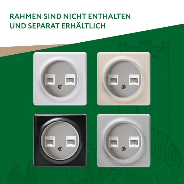 Vier Netzwerkedosen Einsätze mit jeweils zwei Anschlüssen. Rahmen sind nicht im Lieferumfang enthalten und separat erhältlich.