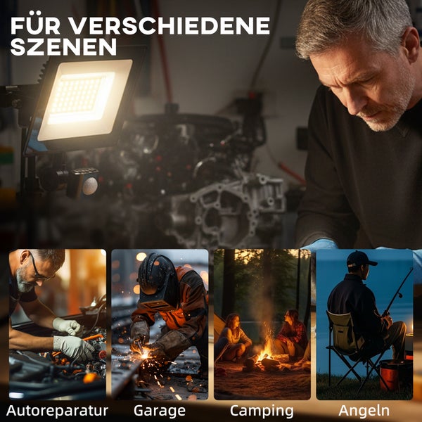 LED-Baustrahler im Einsatz bei Autoreparatur, in der Garage, beim Camping und Angeln.