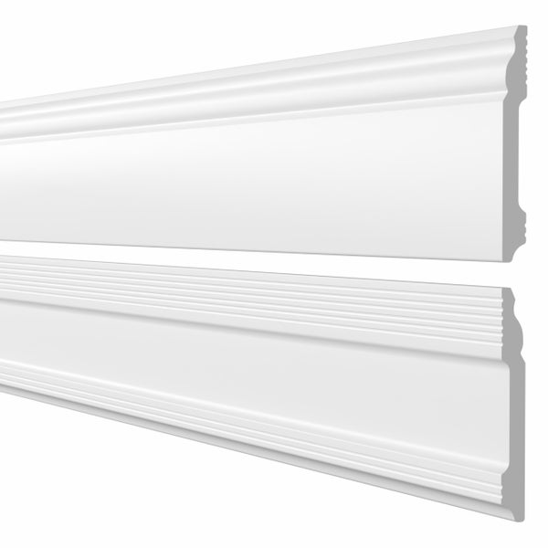 Zwei weiße Stuckleisten aus Kunststoff zur Wandgestaltung für einen klassischen Übergang zwischen Wand und Decke.