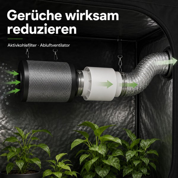 Belüftungsset für Growboxen mit Aktivkohlefilter, Rohrventilator und Flexrohr über grünen Pflanzen zur effektiven Geruchsreduzierung.