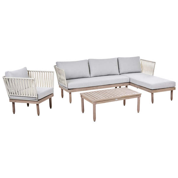Garten-Lounge-Set aus hellem Holz mit Seilbespannung, bestehend aus einem Ecksofa, einem Sessel und einem Couchtisch mit hellgrauen Polstern.