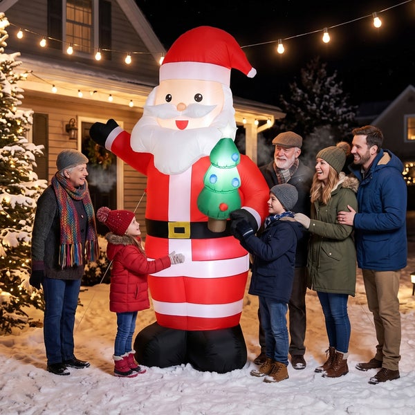 Große aufblasbare Weihnachtsfigur Weihnachtsmann mit beleuchtetem Tannenbaum im Garten vor einem Haus mit Familie bei Nacht.